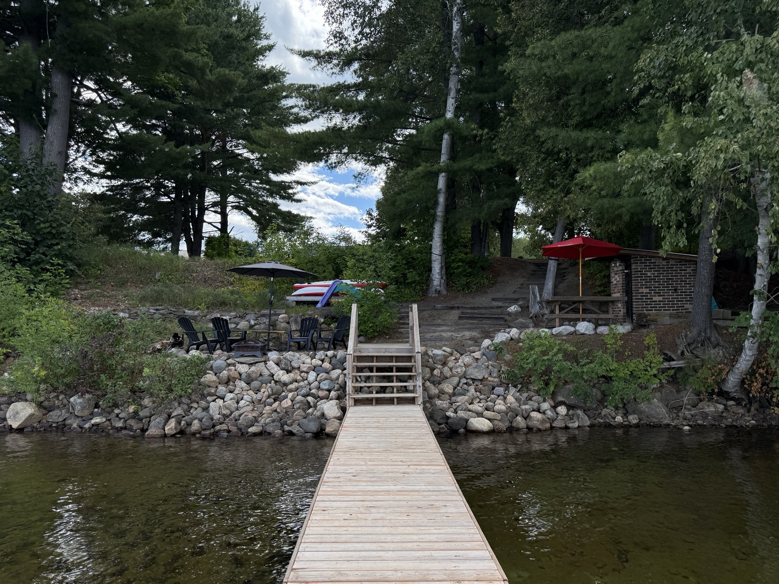 The dock and shoreline seen from the water